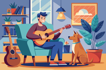 Man sitting in armchair and playing guitar for dog vector
