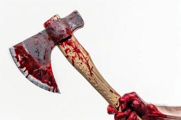 Bloody hand with butcher s ax isolated on white background in studio for Halloween