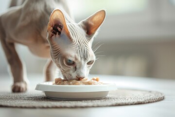 Devon Rex enjoys wet cat food on plate Choose high quality pet food Natural light