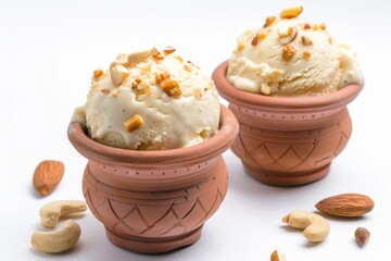 Close up of two pots of Qulfi ice cream with nuts on white background - obrazy, fototapety, plakaty
