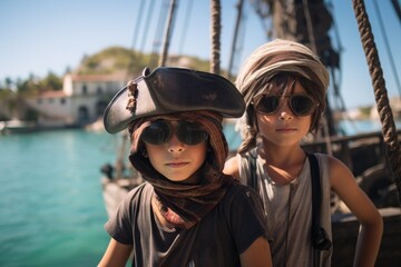 Two children wearing pirate hats and sunglasses on a boat. Generative AI.