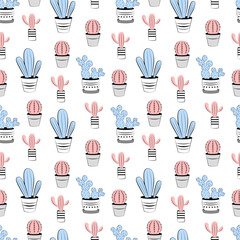 Seamless pattern with cute cacti on white background