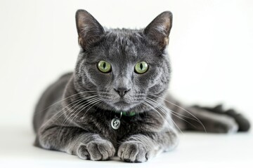 A gray cat with green eyes wearing a green collar and medal poses on a white background