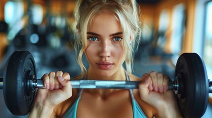 Fit Woman Strengthening Muscles with Dumbbell Lift at Gym Generative AI - obrazy, fototapety, plakaty