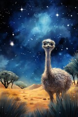 A painting depicting a celestial ostrich in the desert, surrounded by a vast open landscape. The ostrich is portrayed with intricate details, standing majestically in the barren desert - obrazy, fototapety, plakaty