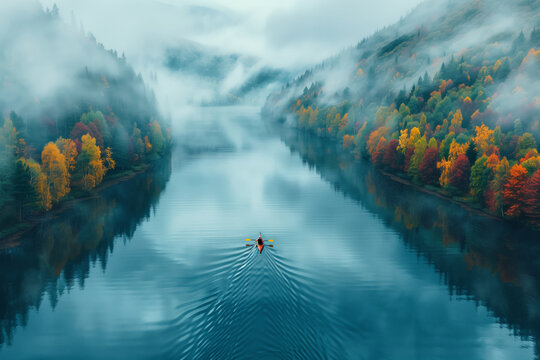 An aerial view of a man paddling a kayak down a river surrounded by autumn trees. The water is calm, the sky is cloudy, and there is morning fog. Peaceful, with the man enjoying the beauty of nature.