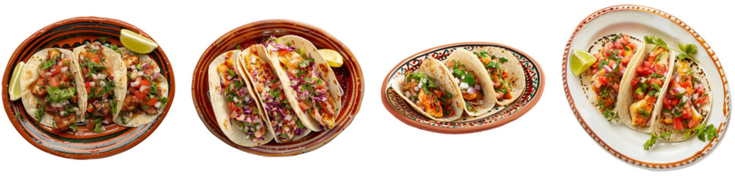 Collection of fish taco on traditional mexican oval plate cutout clipping path png isolated on white or transparent background
