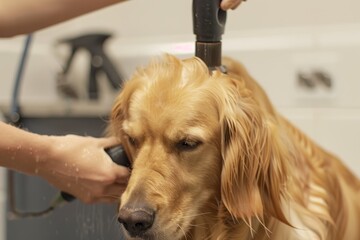 Golden retriever getting blow dried at the groomer