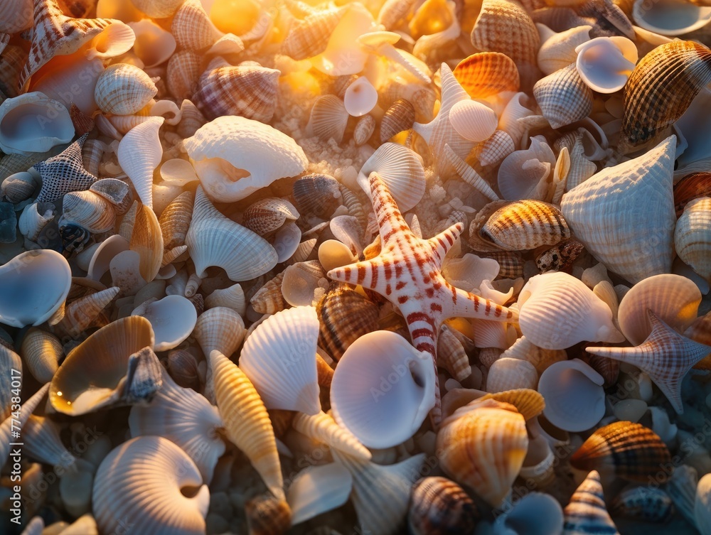 Poster a starfish sitting on top of a pile of shells. generative ai.