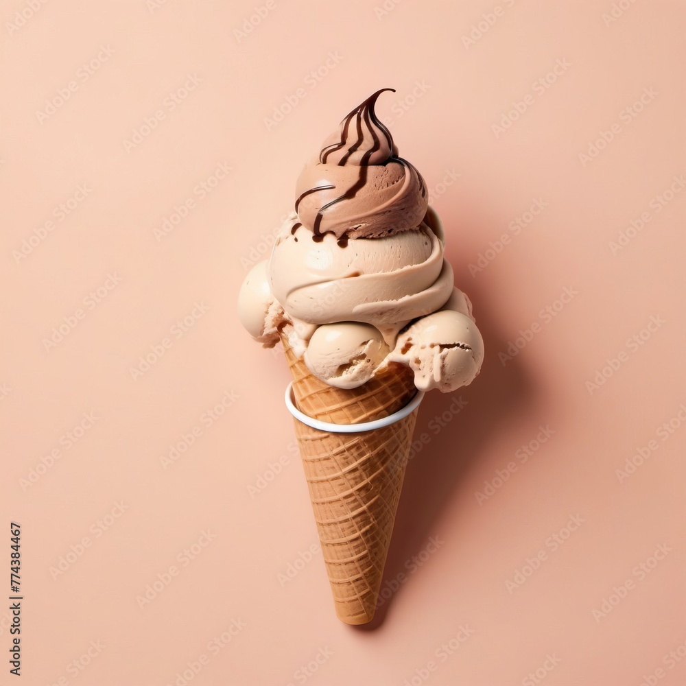 Wall mural organic ice cream in waffle cone. summer mood, pastel colored dessert, delicious refreshing gelato.