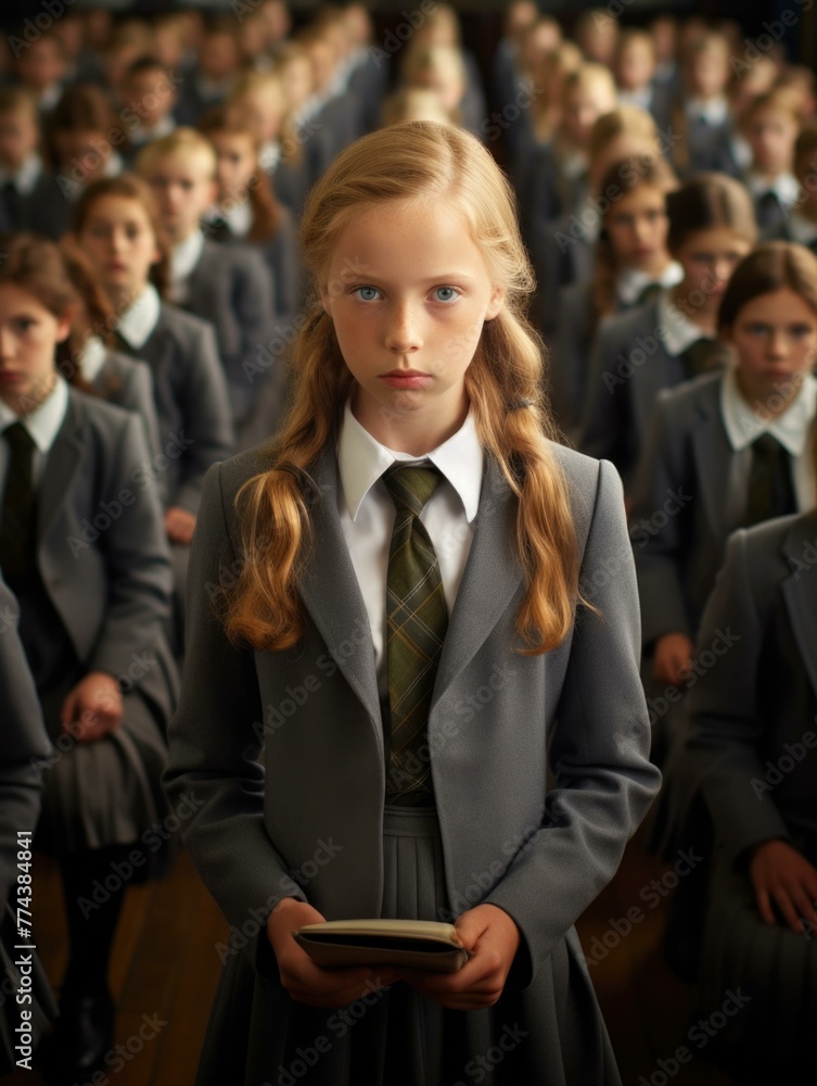 Canvas Prints A young girl in a school uniform standing in front of a large group of people. Generative AI.