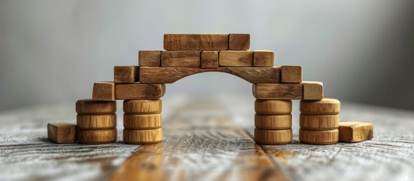 business concept with a toy bridge with wooden blocks and add the final piece between the gaps to complete it