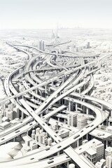 The aerial view shows a city with a vast network of roads crisscrossing the landscape. Buildings, intersections, and vehicles can be seen in the urban sprawl below