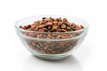 Dried dog food in a white bowl isolated background