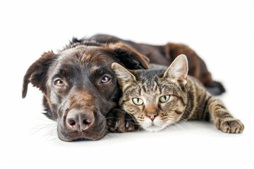 Naklejka premium Dog hugging cat white background