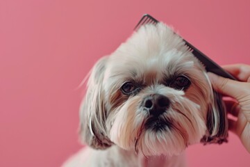 Dog groomed at pet spa Closeup on pink background Grooming concept