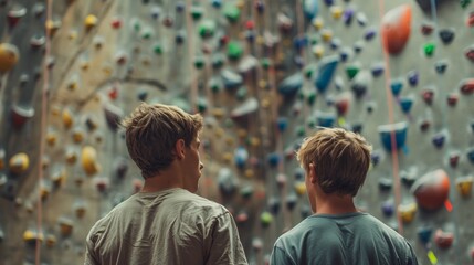 Fototapeta na wymiar Fit Young Men Preparing for a Climbing Challenge in a Gym Generative AI