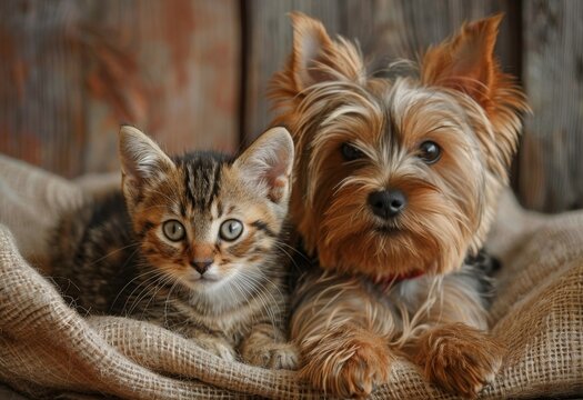 British kitten and Yorkshire terrier cat and dog