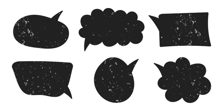 Black textured doodle speech bubbles isolated on white background. Hand drawn vintage vector elements, frames, pop-up text clouds, dialogue.