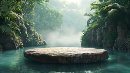 Floating stone in water. Illustration featuring a rock podium. 