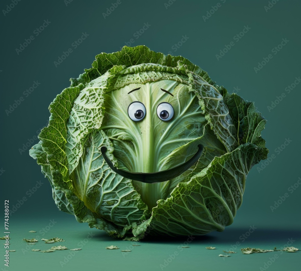 Poster a smiling cabbage with eyes and a smile. generative ai.