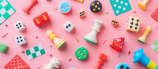 concept of board games. Dice, chips and cards on a art background long banner