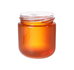 Tasty natural honey in glass jar isolated on white