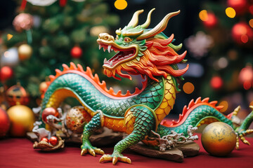 Fototapeta premium Chinese New Year. Green-gold with red wooden dragon in the background, a New Year tree decorated with toys and multi-colored lights