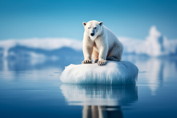 white polar bear sits on an ice floe in the middle of blue sea water