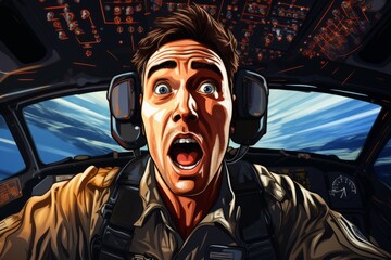 A man with his mouth agape in a cockpit, displaying a look of fear or shock. He is likely in a high-stress situation, possibly experiencing a sudden emergency or unexpected event - obrazy, fototapety, plakaty