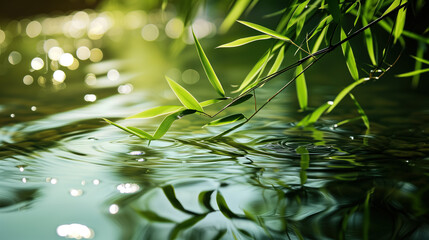 slightly green bamboo leaves float in light transparent water penetrated by the sun's rays