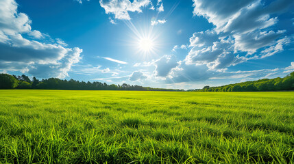 wide meadow with green grass under a blue sky