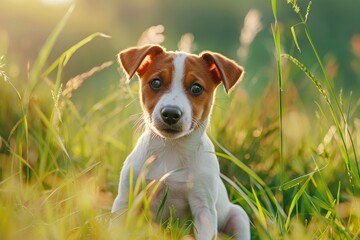6 month old Jack Russell Terrier puppy happily playing in the field