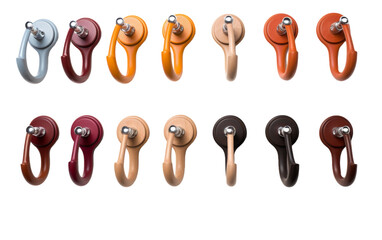 Various colored handles arranged on a white background