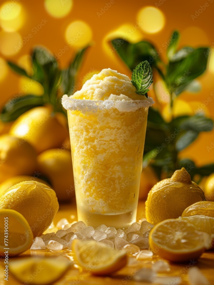 Poster a glass of lemonade with ice and lemon slices. generative ai.