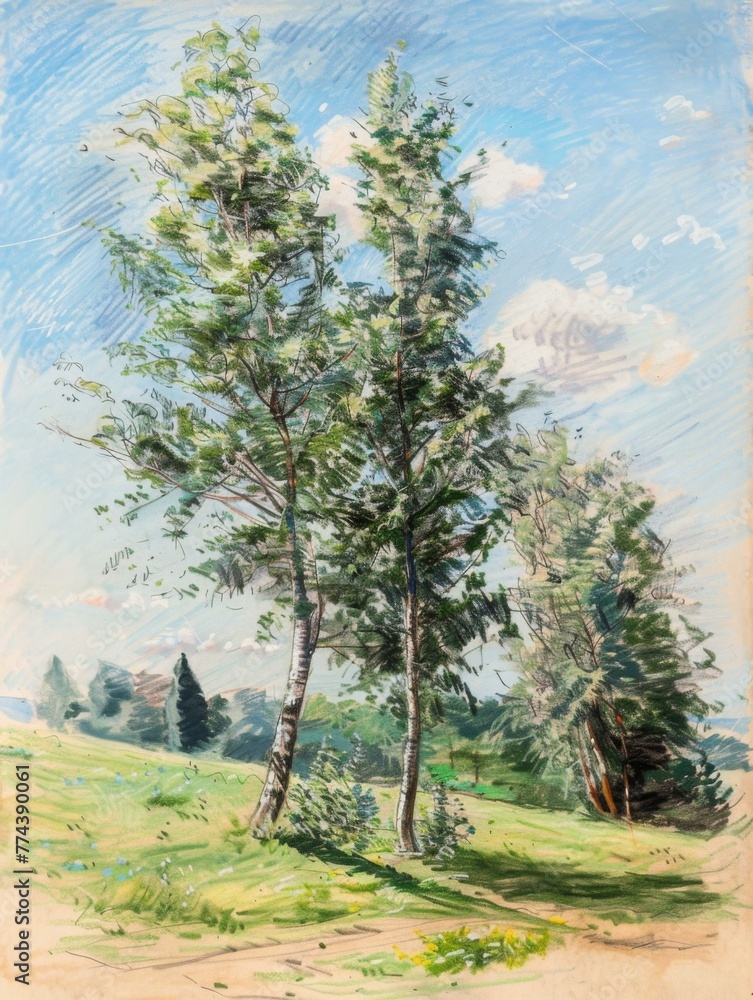 Poster a painting of two trees in a field. generative ai.