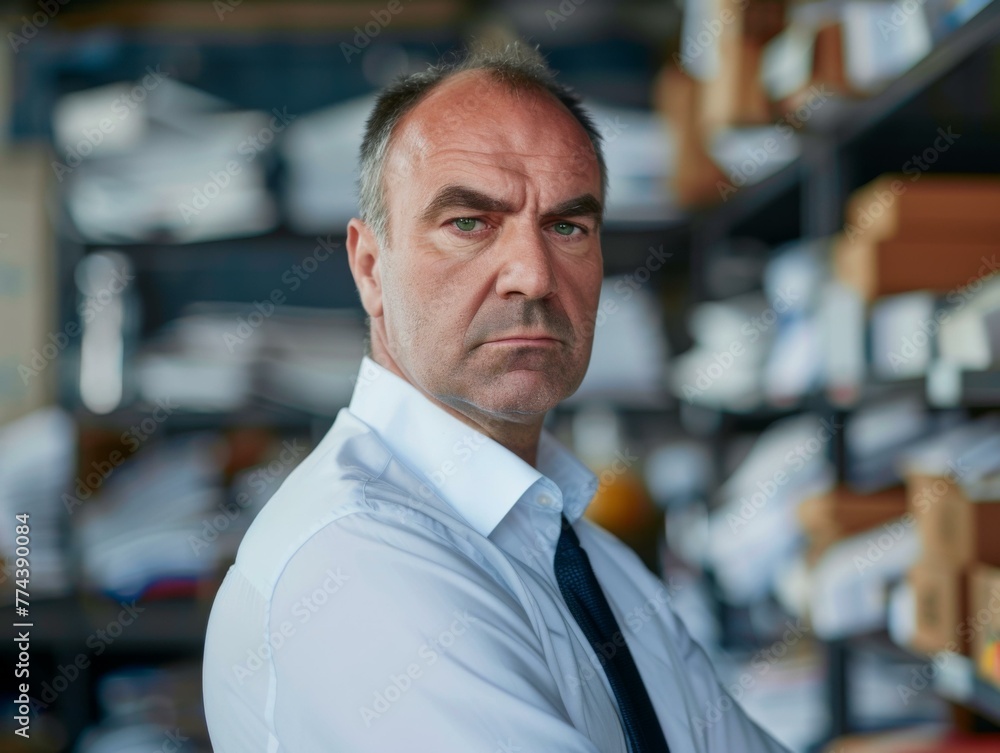 Poster a man in a shirt and tie standing in front of a shelf of files. generative ai.