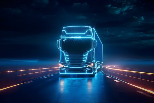 Futuristischer LKW, blaue neonlichter, Lichtkanten, Kontept Logistik
