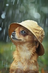 A small chihuahua dog wearing a hat in the rain. Generative AI.