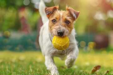 A lively Jack Russell terrier approaching the camera with a yellow ball