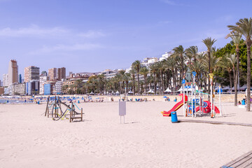 Photo of the town of Benidorm in Spain in the summer time showing high rise apartments and building...