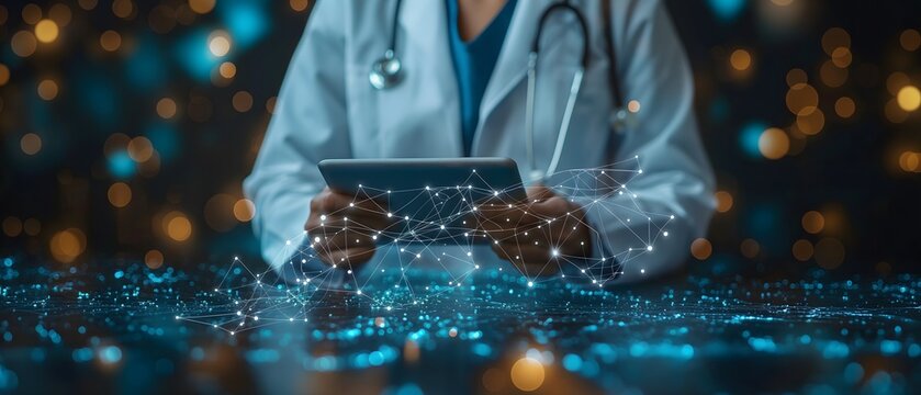 Medizintechnik, &Auml;rztin nutzt digitales Tablet und Laptop, medizintechnisches Netzwerk, digitale Technologie