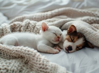 A tired puppy and kitten snuggle under a warm blanket on a bed at home Text space available