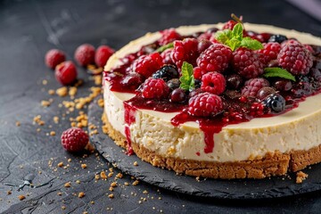 Cheesecake: pcreamy cheesecake with a cookie base and berry topping - obrazy, fototapety, plakaty