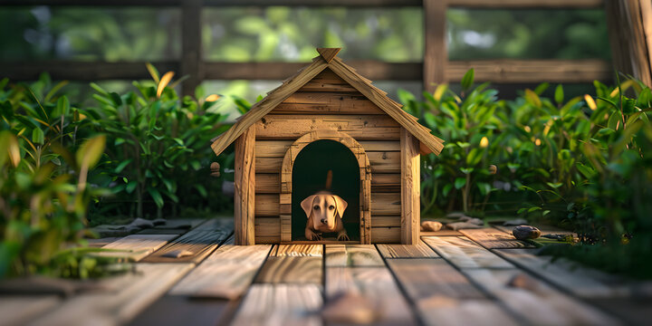 Dog in a dog house on the lawn at summer sunlight background, Dog house ideas outdoor, Crafting the Ultimate Dog House Escape for Your Beloved Pup's Enjoyment 
  