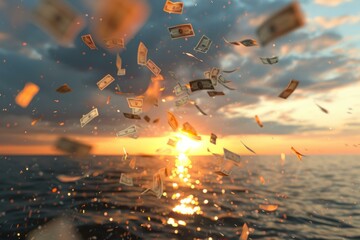 A bunch of money falling from the sky over the ocean. Generative AI. - Powered by Adobe