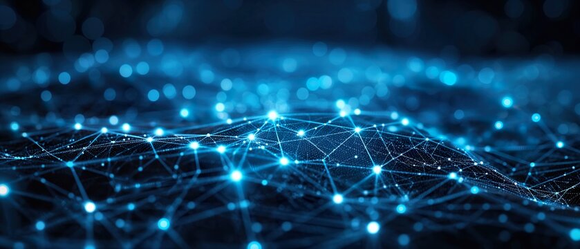 Abstract landscape of glittering nodes and particles, evoking a sense of digital connectivity or neural networks in a vast data field light on a dynami background, representing a network