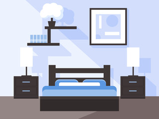 Bedroom interior with bed and bedside tables. Vector graphics