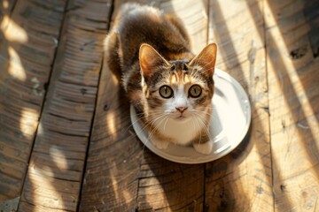 Adorable cat staring at camera beside plate on floor