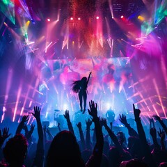 Enthusiastic crowd jumping at a vibrant concert with dynamic lighting